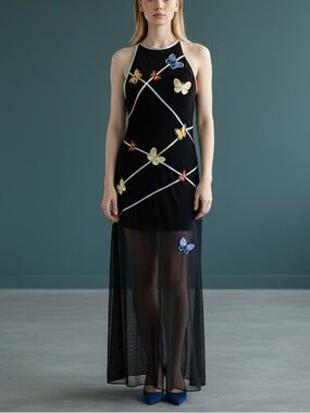 Vtg 90s Betsy & Adam Black Mesh Embroidered Butterflies Party Dress 11/12 Prom